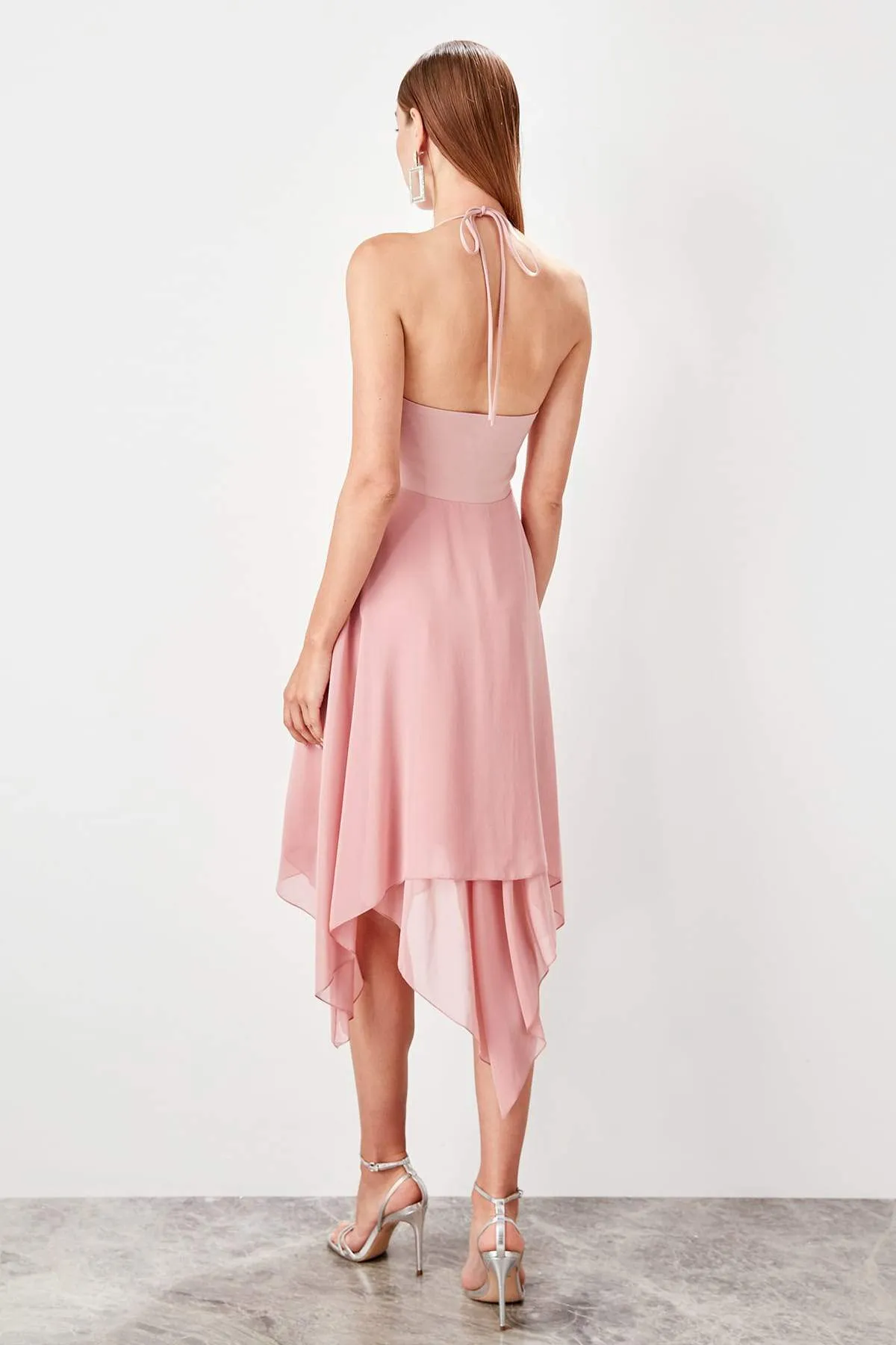 11615 Pink Asymmetrical Chiffon Halter Dress