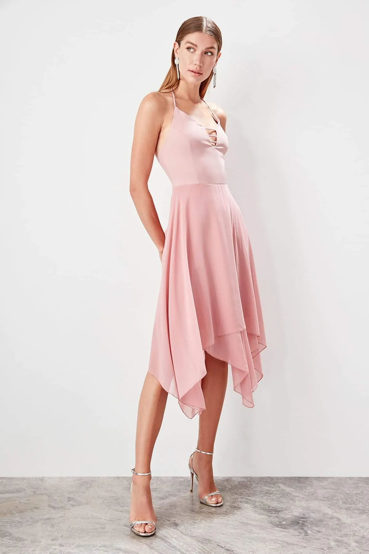 11615 Pink Asymmetrical Chiffon Halter Dress