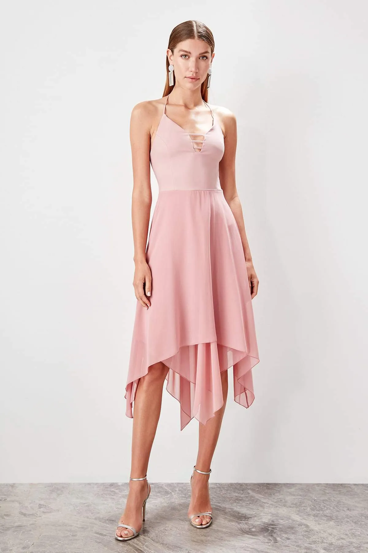 11615 Pink Asymmetrical Chiffon Halter Dress