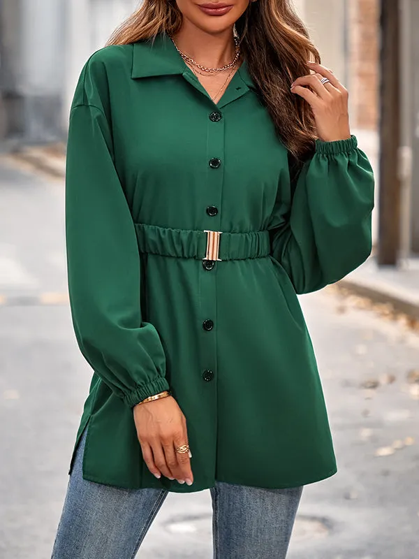 Belted Solid Color Loose Lapel Shirts Tops Blouses&shirts Tops