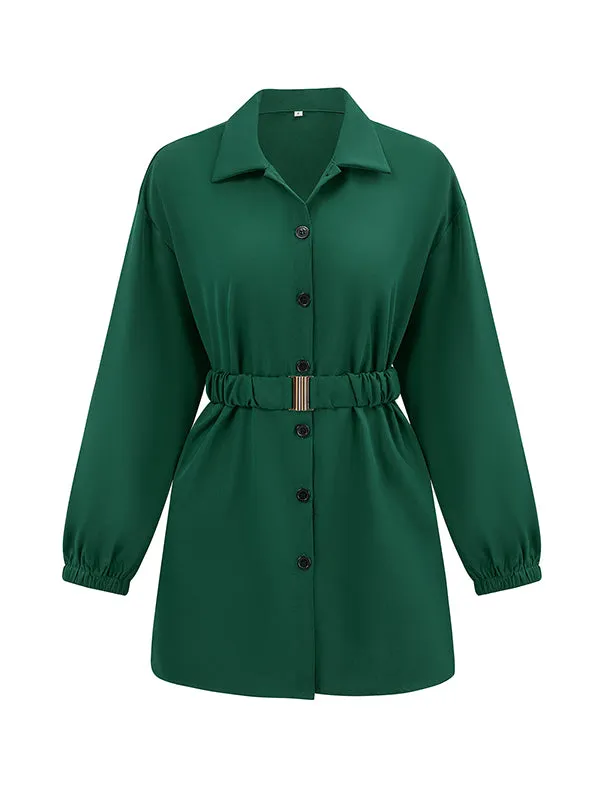 Belted Solid Color Loose Lapel Shirts Tops Blouses&shirts Tops