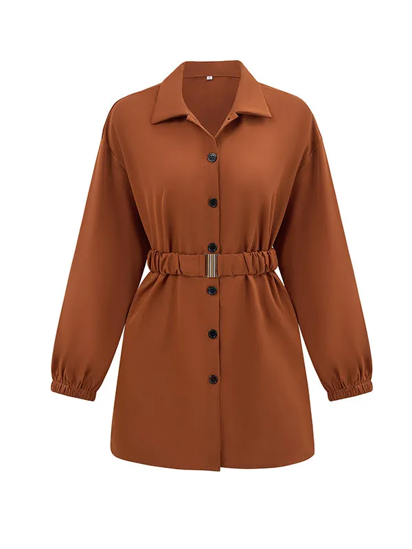 Belted Solid Color Loose Lapel Shirts Tops Blouses&shirts Tops