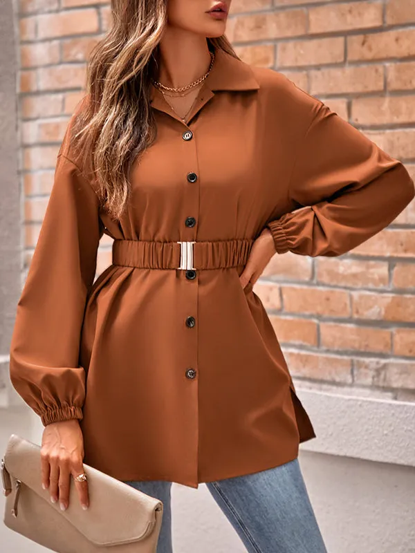 Belted Solid Color Loose Lapel Shirts Tops Blouses&shirts Tops