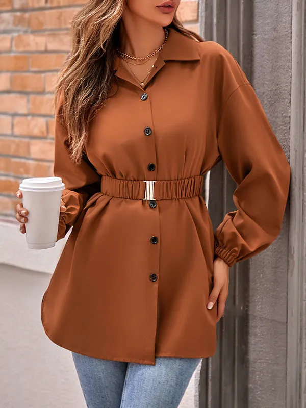 Belted Solid Color Loose Lapel Shirts Tops Blouses&shirts Tops