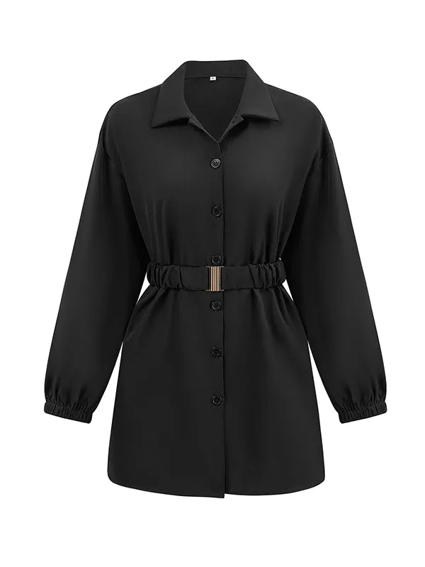 Belted Solid Color Loose Lapel Shirts Tops Blouses&shirts Tops