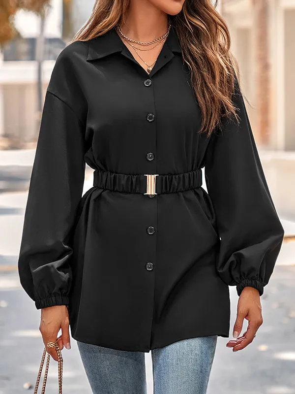 Belted Solid Color Loose Lapel Shirts Tops Blouses&shirts Tops