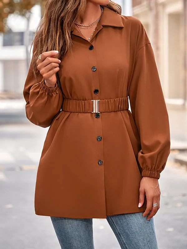 Belted Solid Color Loose Lapel Shirts Tops Blouses&shirts Tops