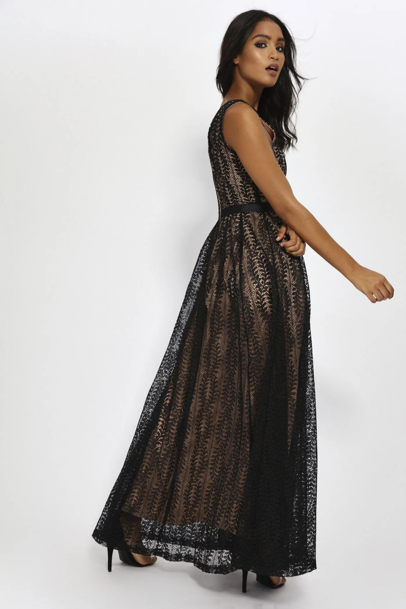 Black Black Lace Plunge Neck Maxi Dress