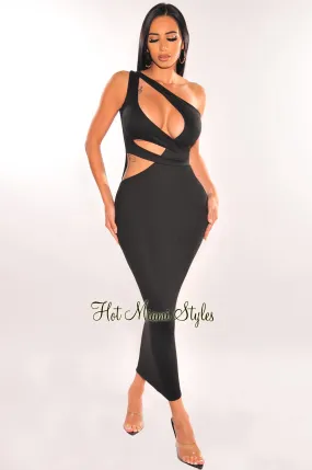 Black One Shoulder Cut Out Midi Dress