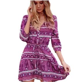 Bohemian Chic V-neck Printed Chiffon Beach Dress