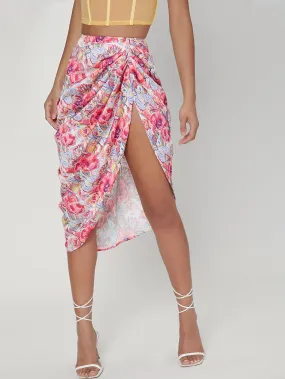 Boho All Over Print Split Thigh High Waist Midi Women Skirts