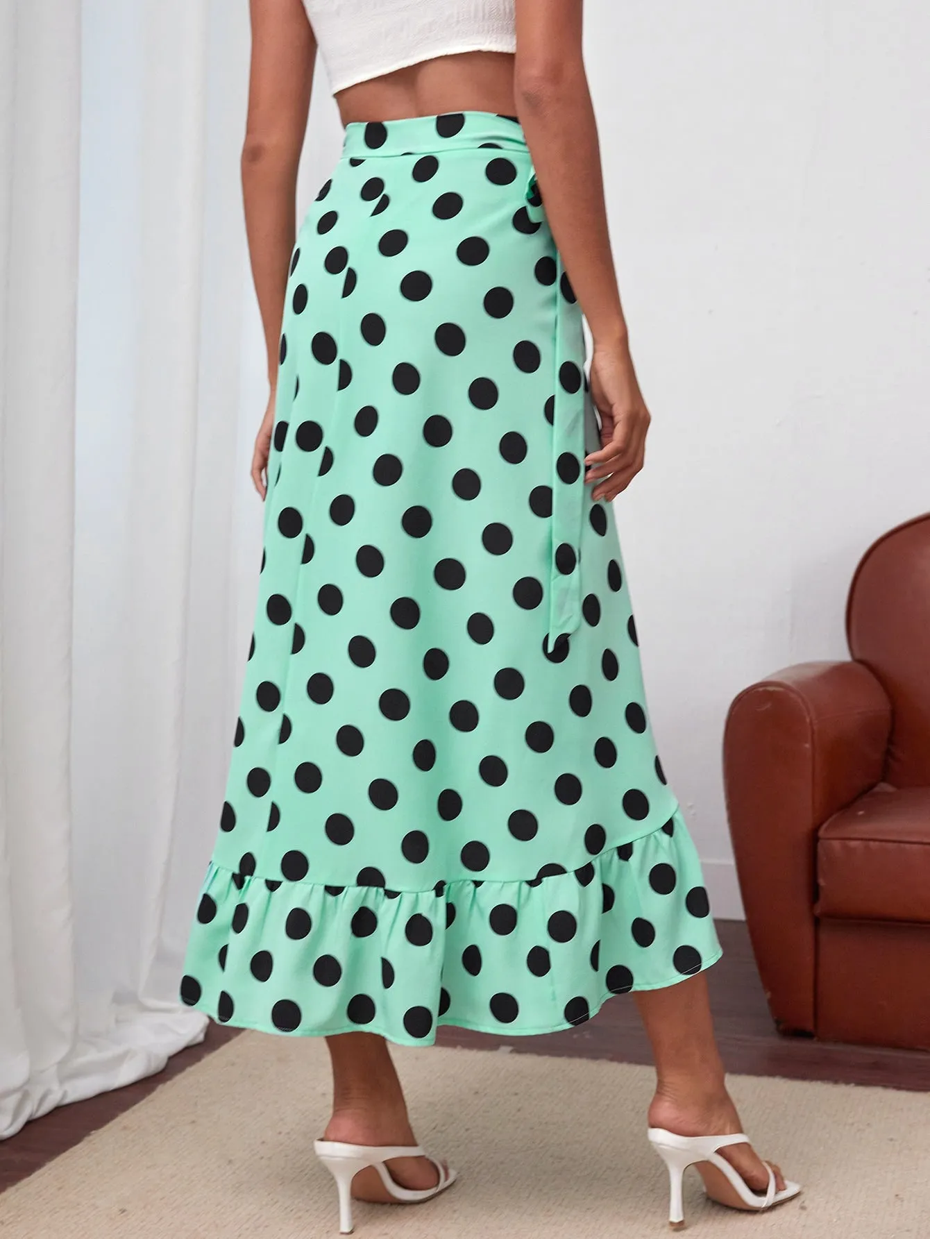 Boho Polka Dot Ruffle Hem High Waist Long Women Skirt