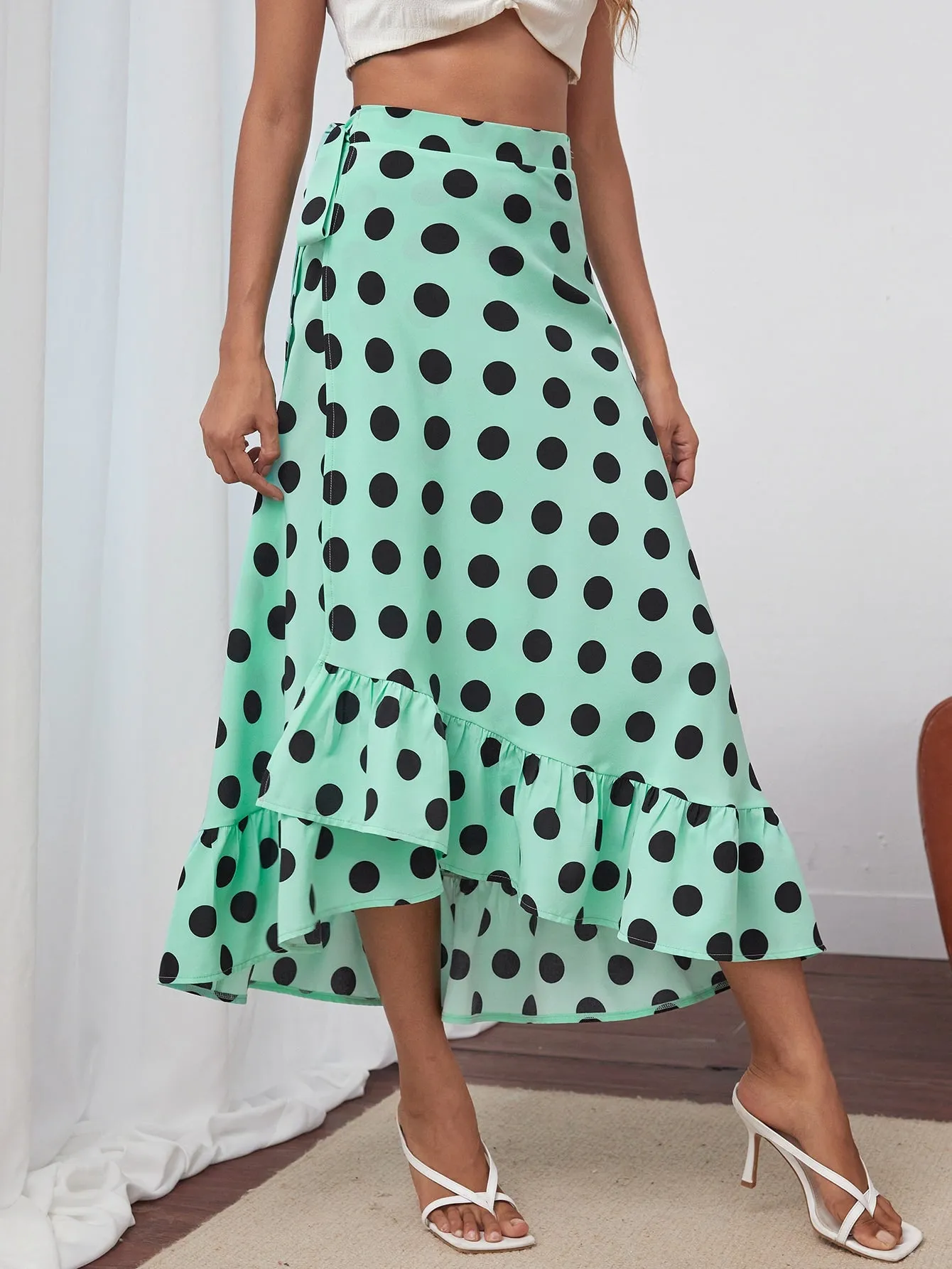 Boho Polka Dot Ruffle Hem High Waist Long Women Skirt