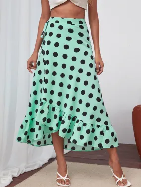 Boho Polka Dot Ruffle Hem High Waist Long Women Skirt