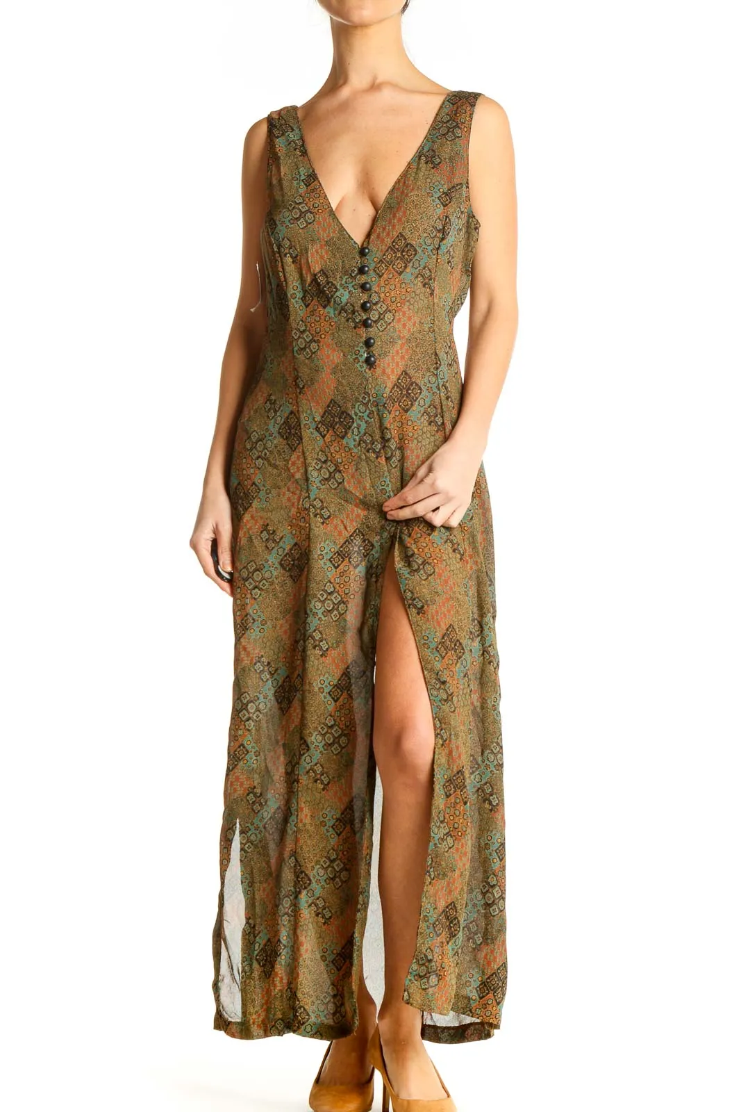 Brown Bohemian Printed Column Dress