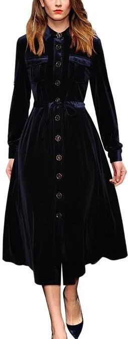 Button-Down Tie-Waist Velvet Midi dress