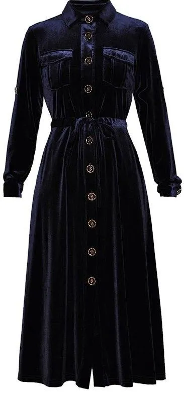 Button-Down Tie-Waist Velvet Midi dress