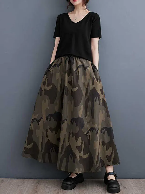 Camouflage Elasticity Printed Loose Skirts Bottoms