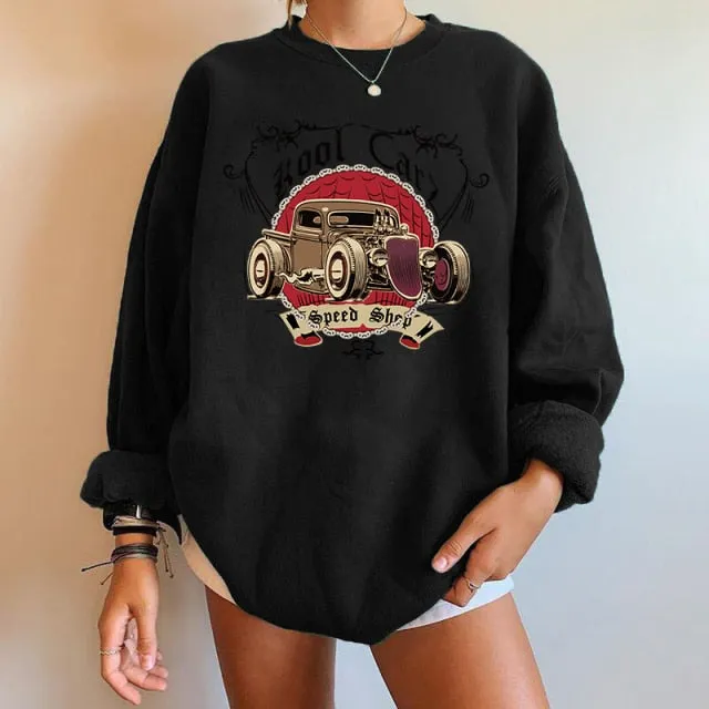 Car Print Sweartshirts Long Sleeve Swearshirts Streetwear Vintage Tops