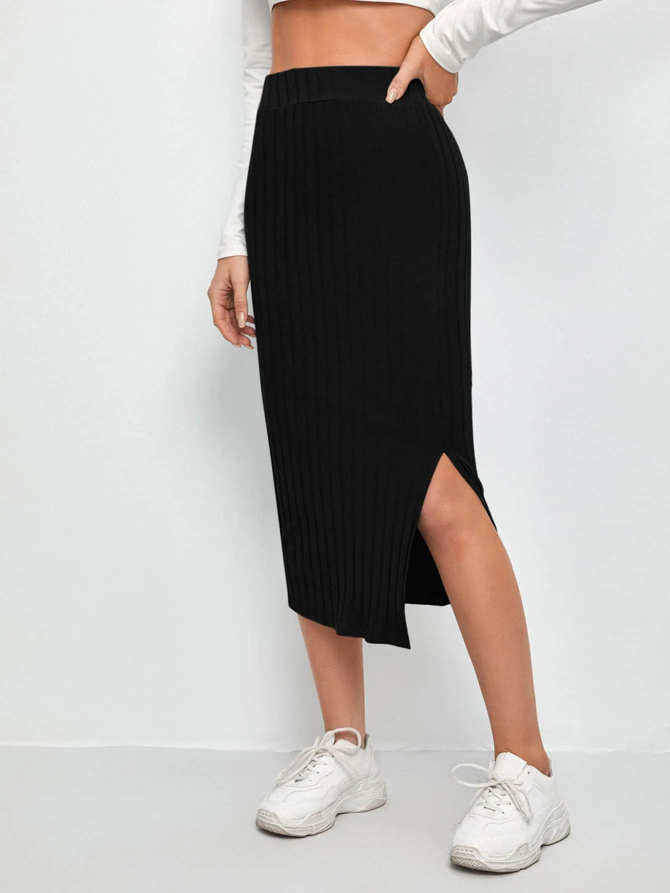 Casual Plain Rib-Knit High Waist Midi Women Skirt