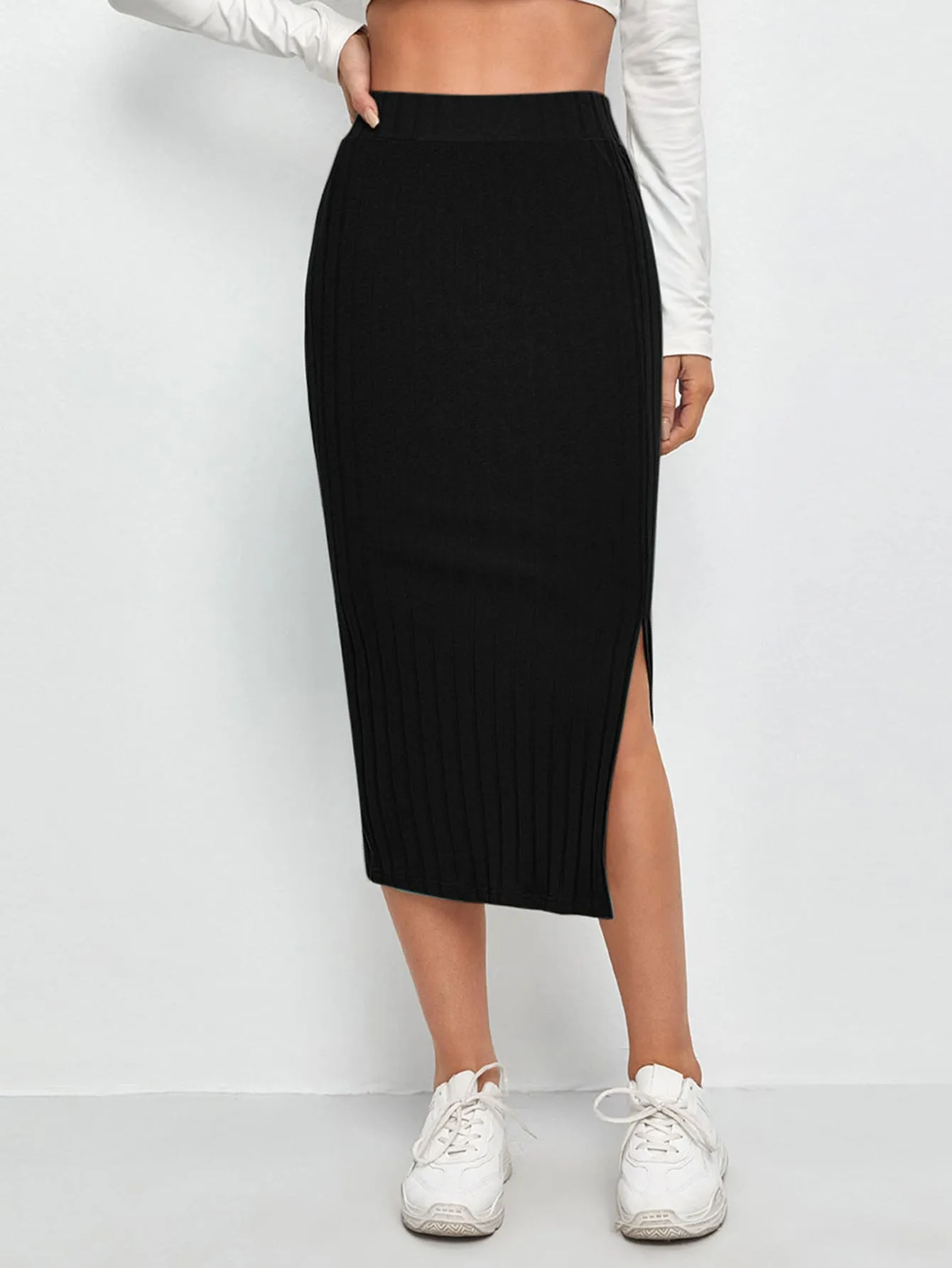 Casual Plain Rib-Knit High Waist Midi Women Skirt