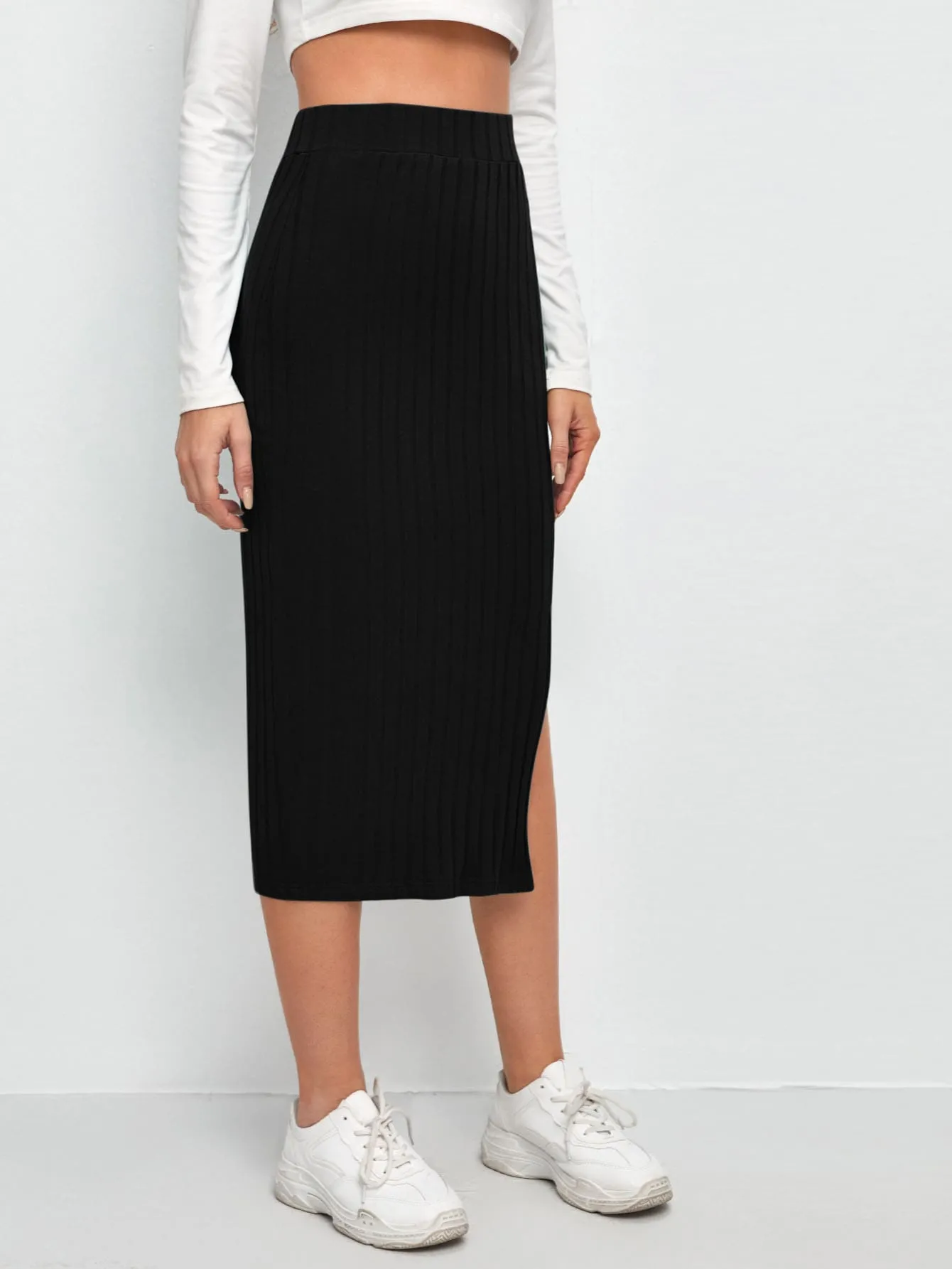 Casual Plain Rib-Knit High Waist Midi Women Skirt