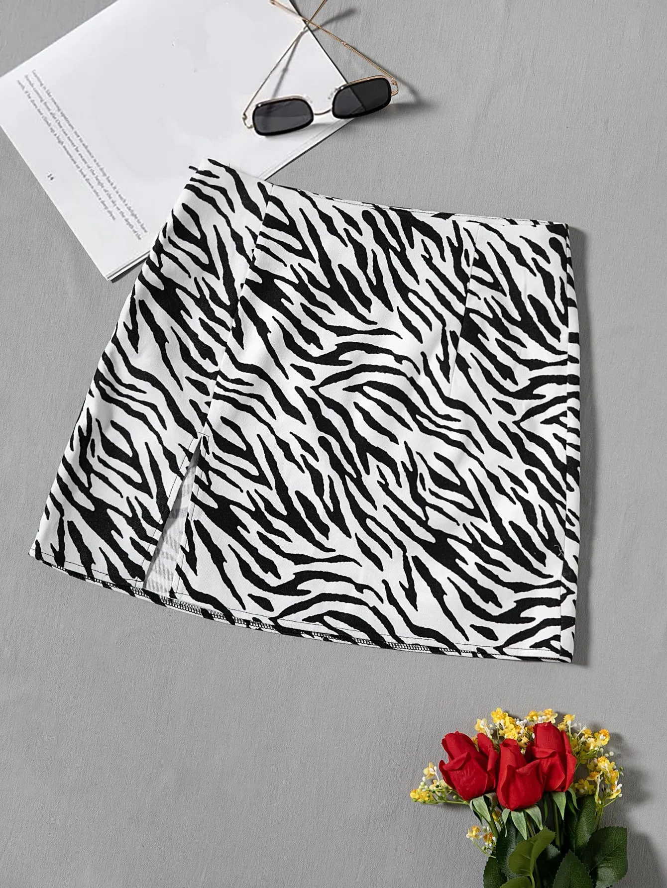 Casual Zebra Stripe Zipper Natural Mini Women Skirt