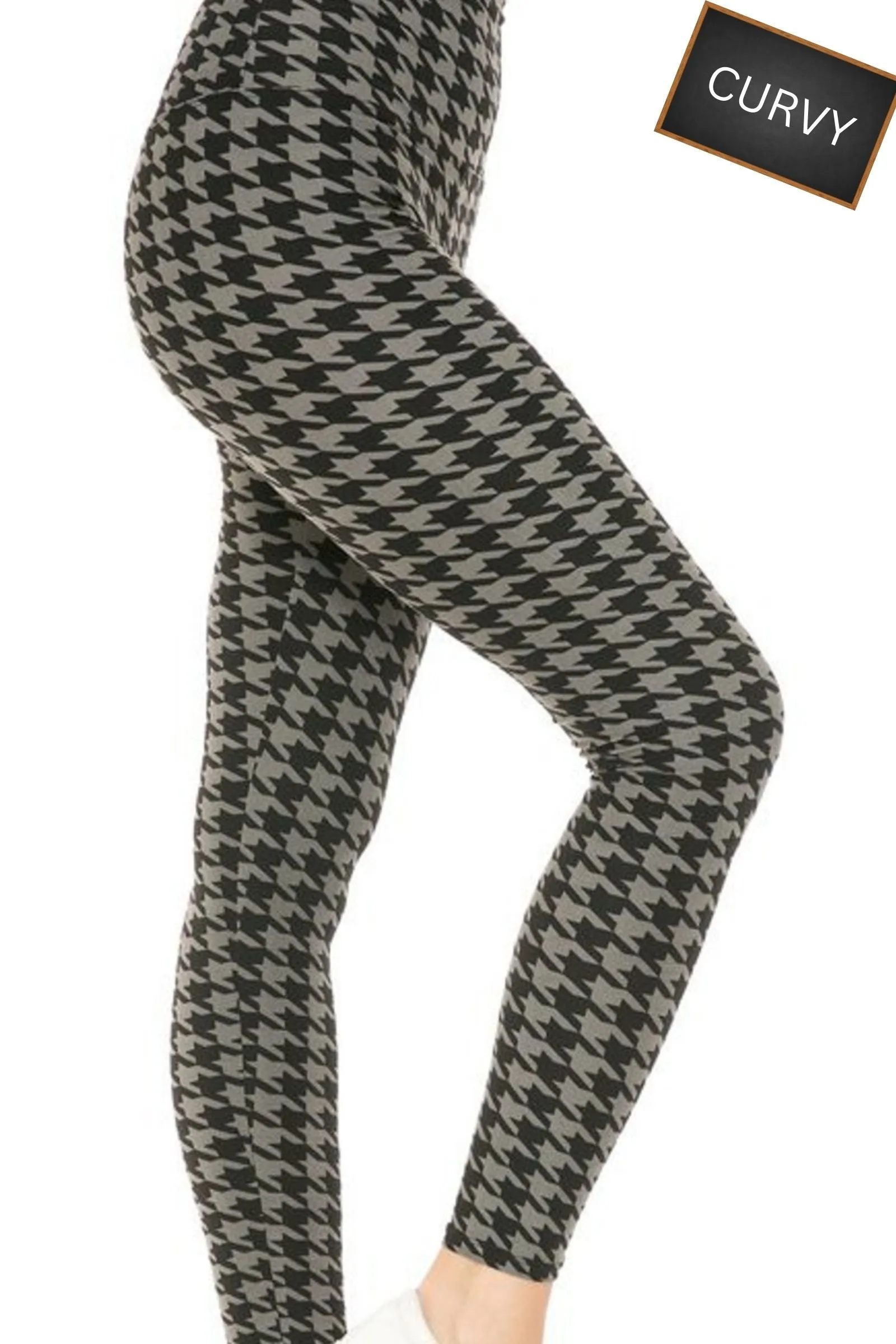 CURVY Black & Gray Houndstooth Yoga Leggings