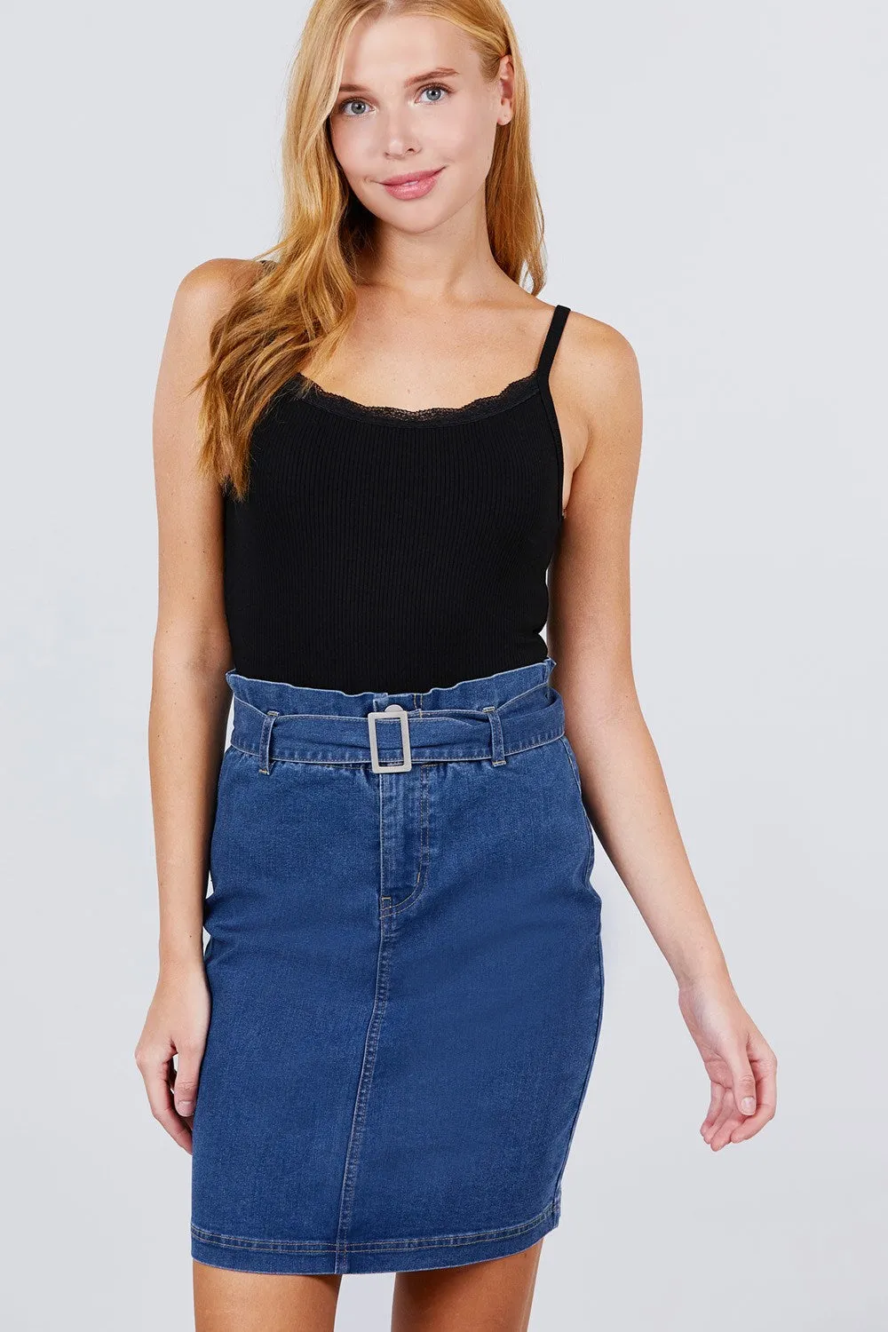 Elasticized Waist With Belt Side Pocket Denim Skirts