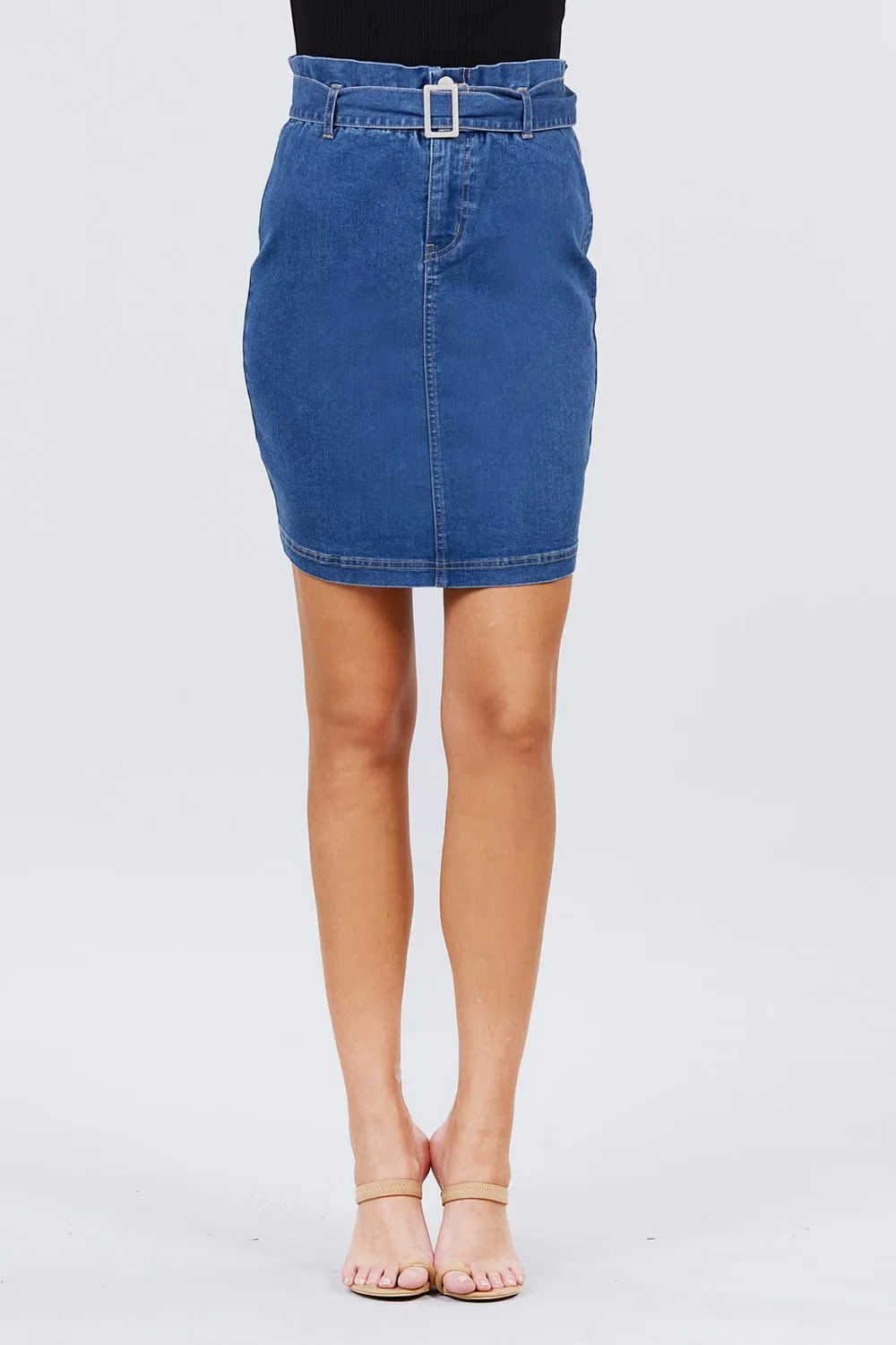 Elasticized Waist With Belt Side Pocket Denim Skirts