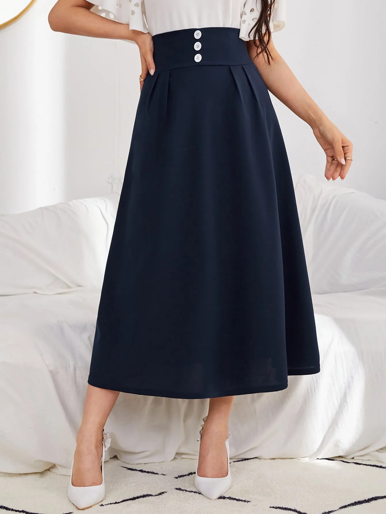 Elegant Plain Button High Waist Midi Women Skirts