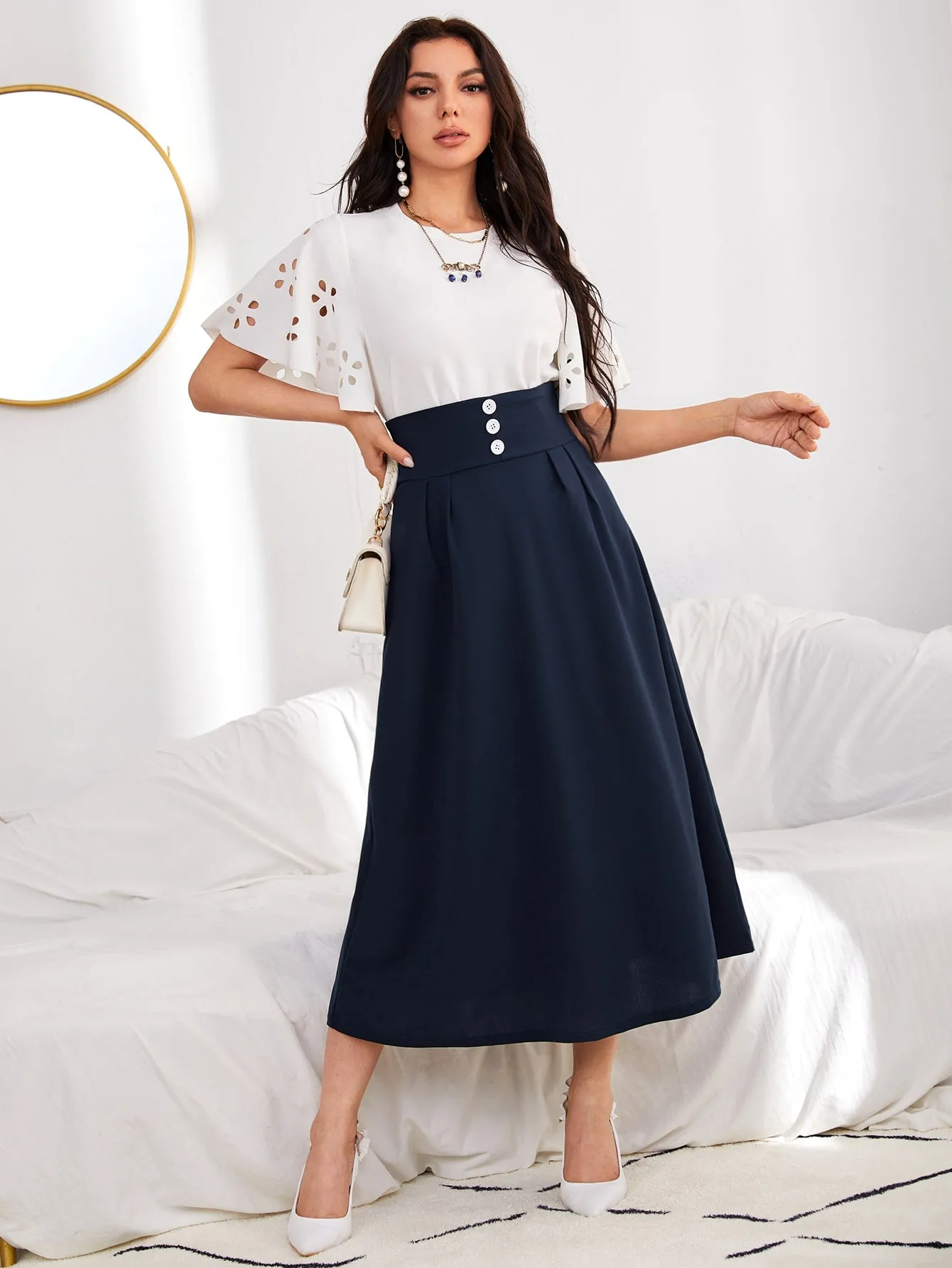 Elegant Plain Button High Waist Midi Women Skirts