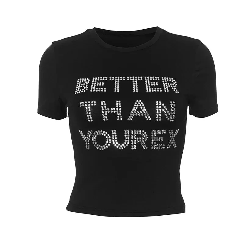 Fashion Sexy Women Letter Glitter Rhinestone Crop Shirts Short Sleeve O Neck Slim Cropped Top Party Shiny Hot Drilling T Shirts