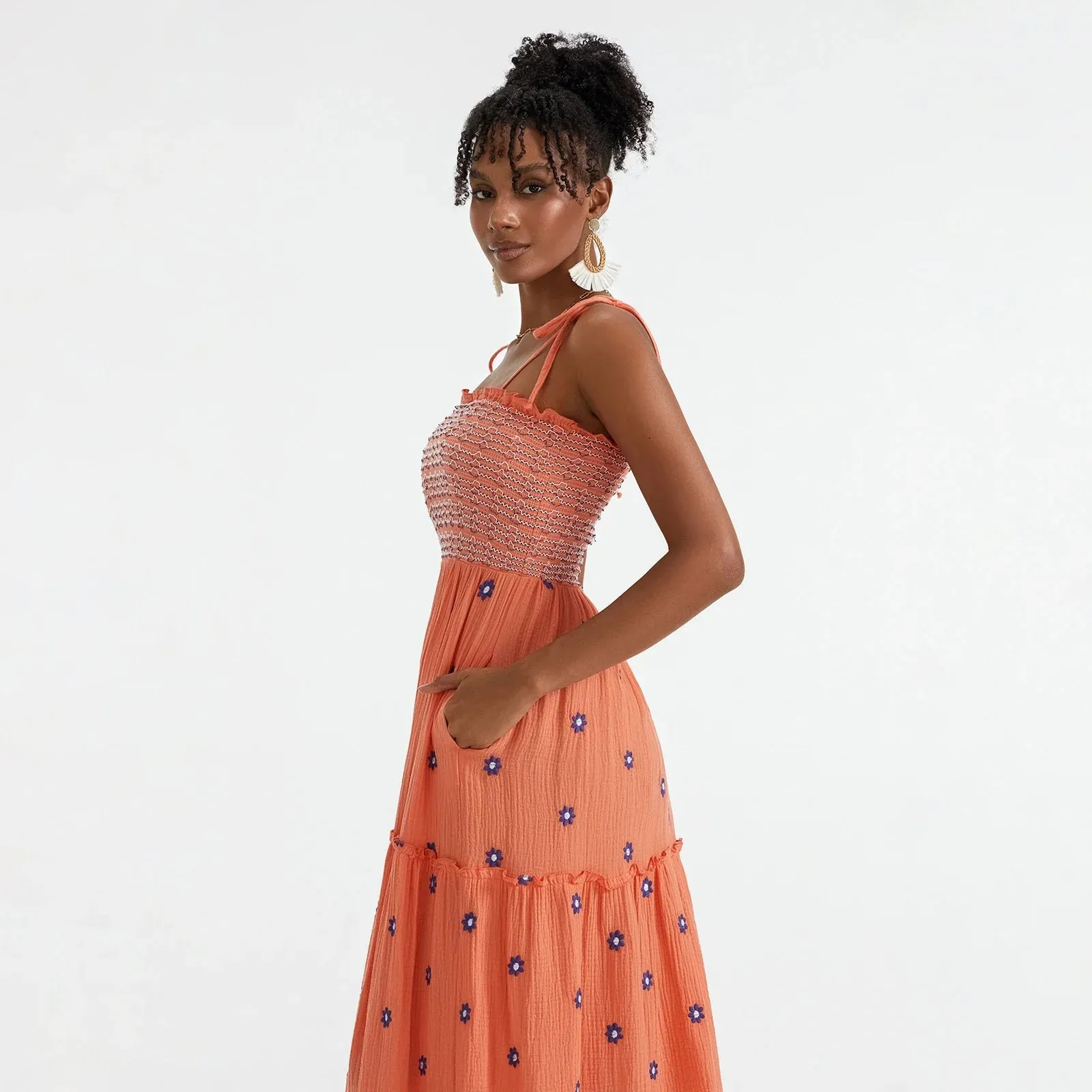 Floral Embroidered Midi Dress for Summer Casual Evenings