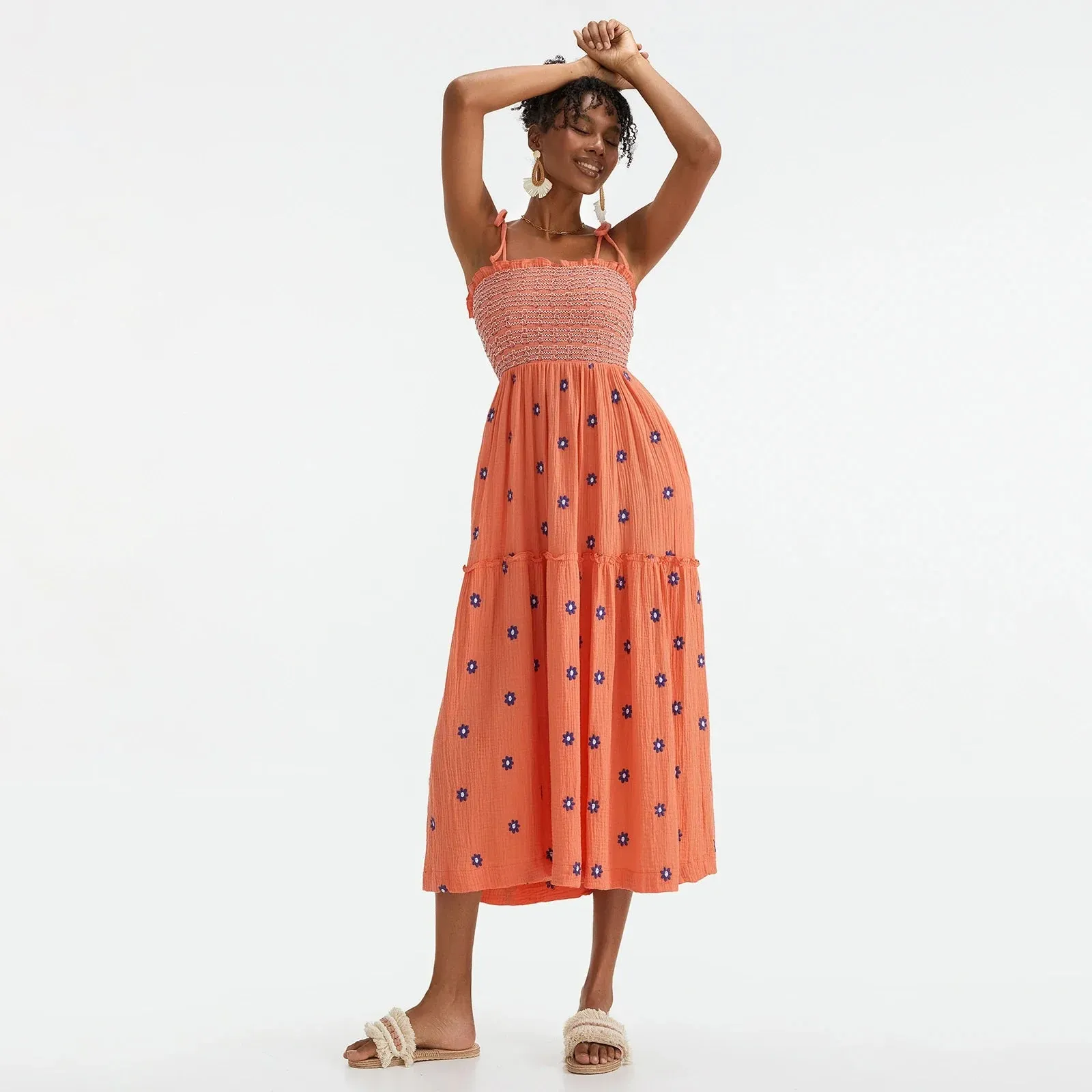 Floral Embroidered Midi Dress for Summer Casual Evenings