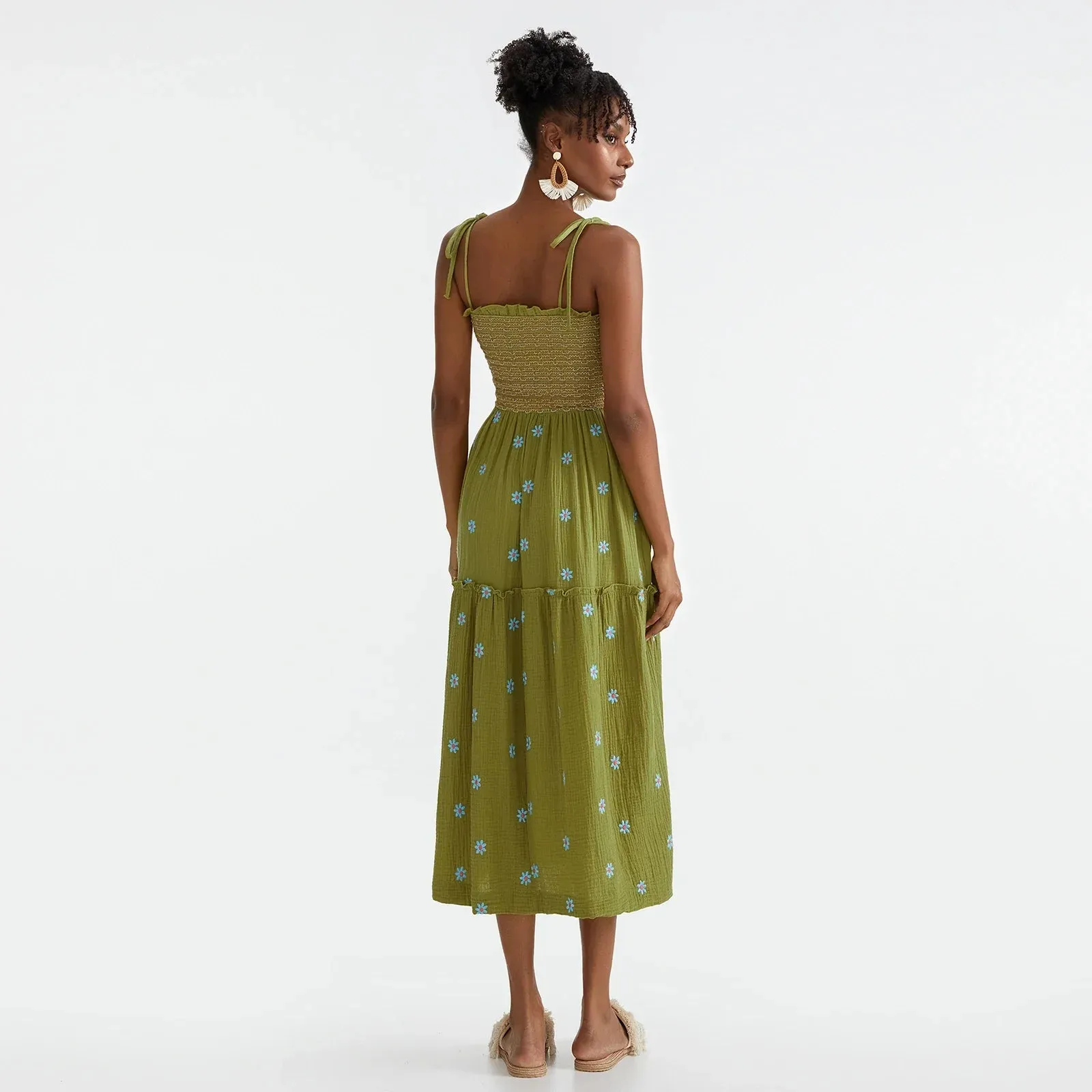 Floral Embroidered Midi Dress for Summer Casual Evenings