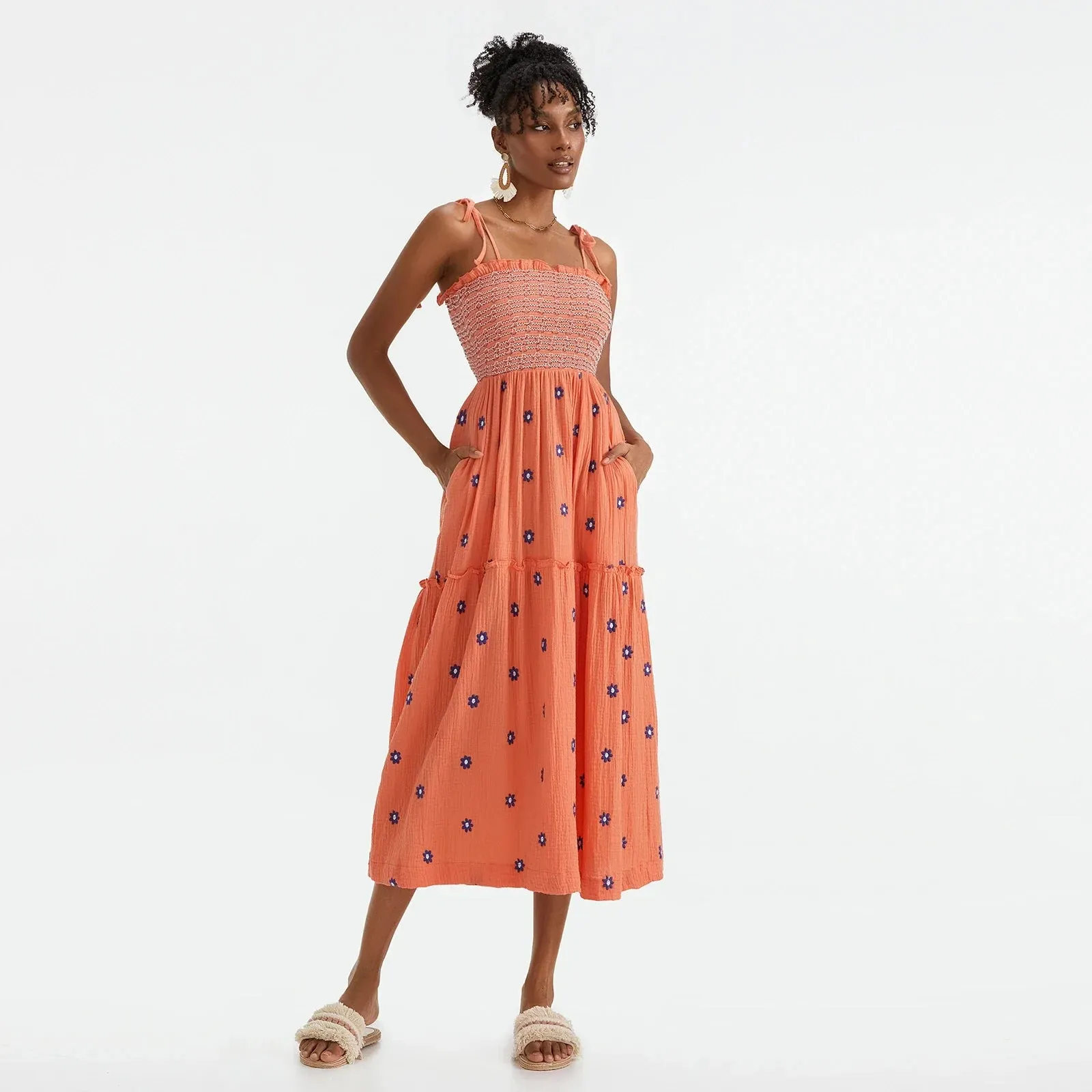 Floral Embroidered Midi Dress for Summer Casual Evenings