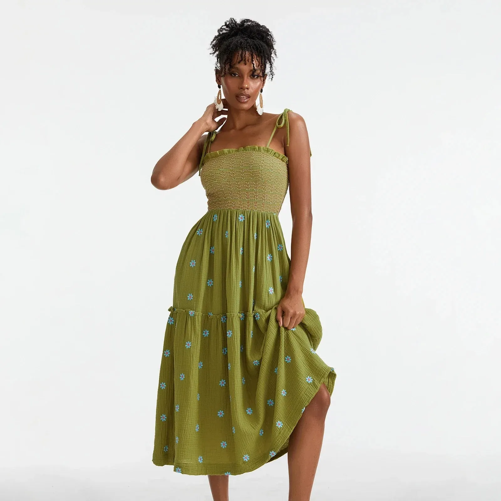 Floral Embroidered Midi Dress for Summer Casual Evenings