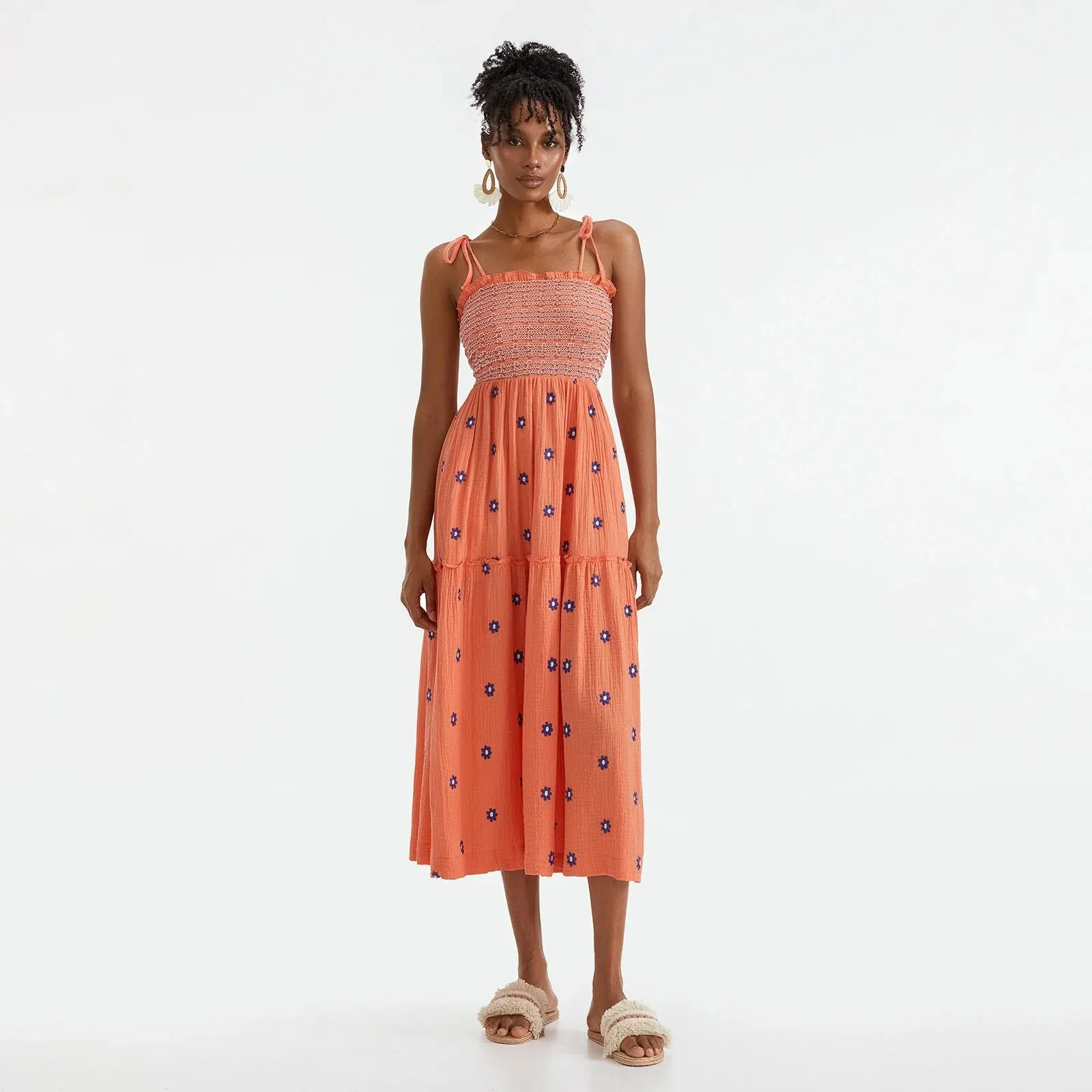 Floral Embroidered Midi Dress for Summer Casual Evenings