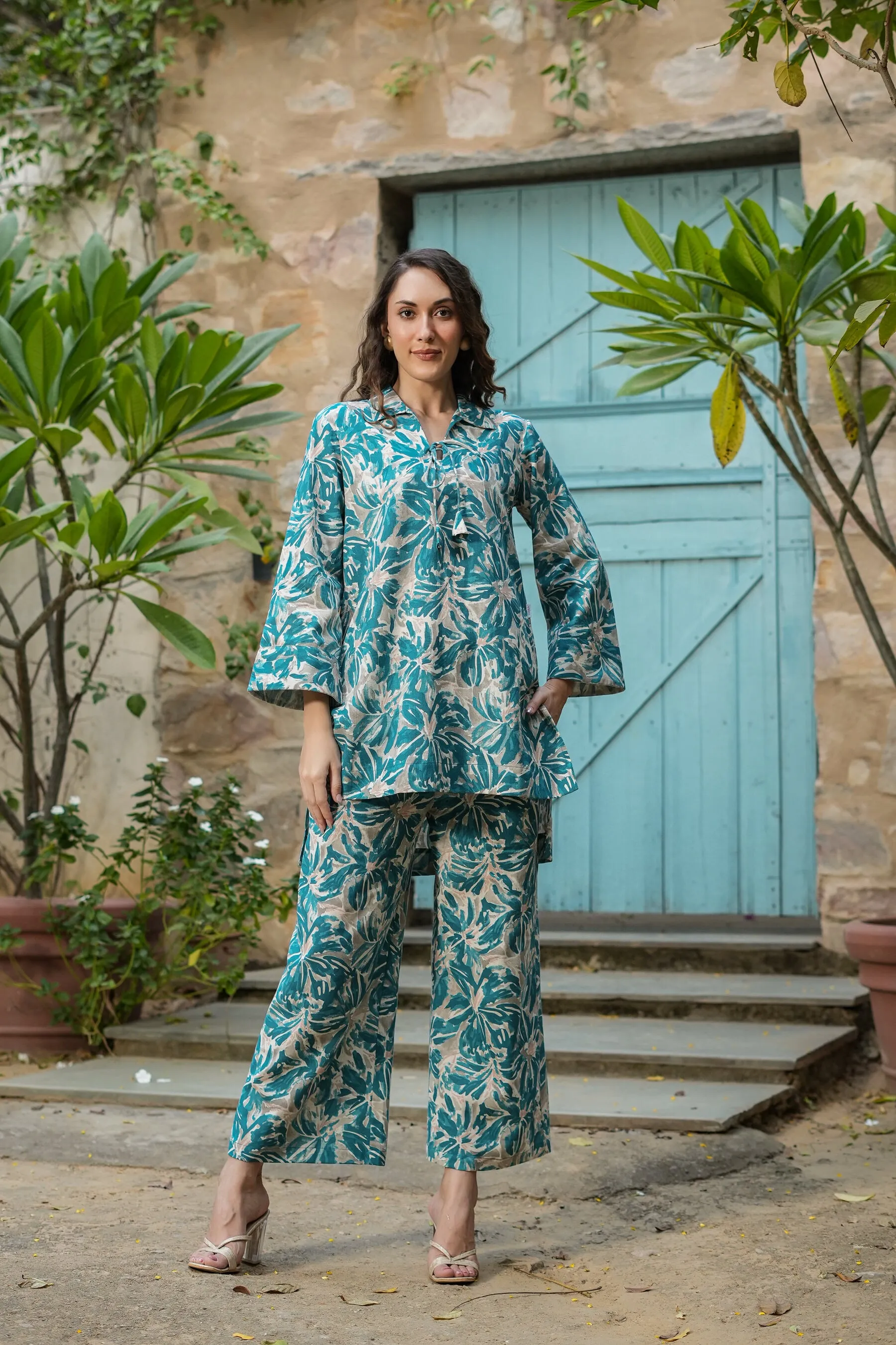 Floral Filigree Cotton Palazzo Loungewear Set