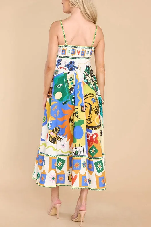 Folk Print Polyester Strap Swing Midi Dress