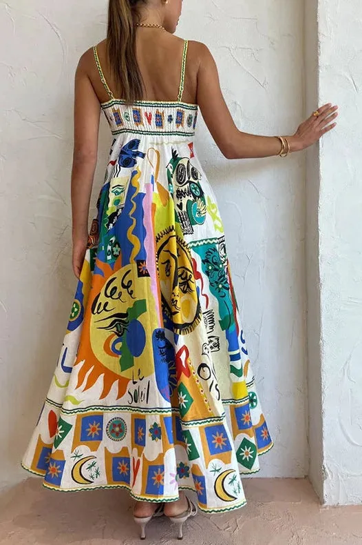 Folk Print Polyester Strap Swing Midi Dress