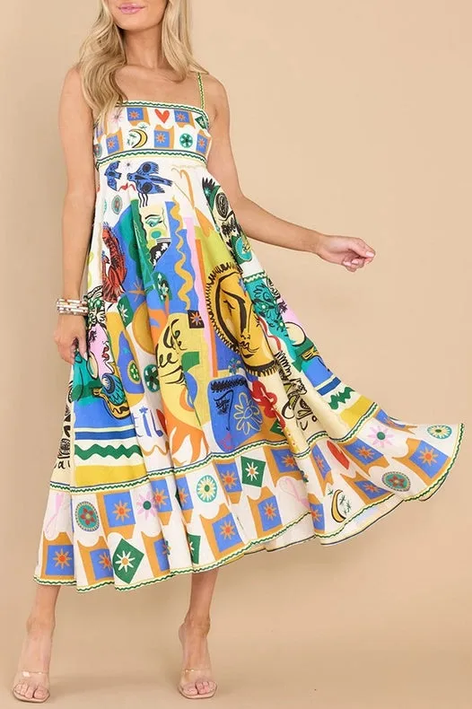 Folk Print Polyester Strap Swing Midi Dress