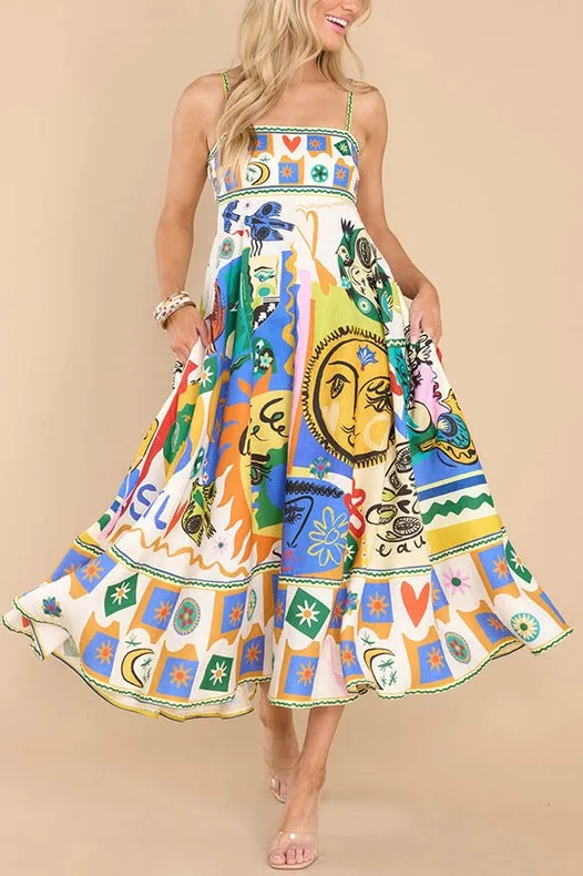 Folk Print Polyester Strap Swing Midi Dress