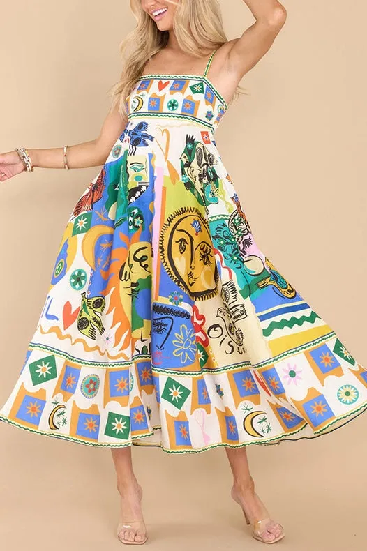 Folk Print Polyester Strap Swing Midi Dress