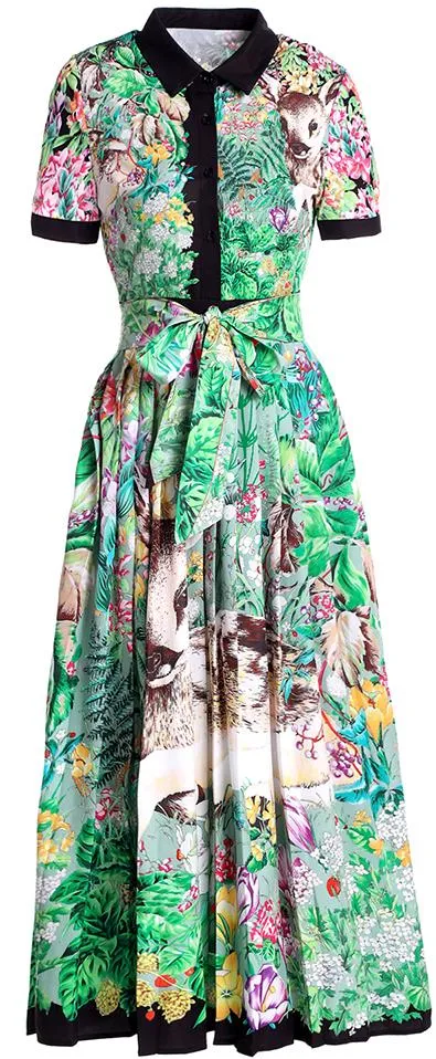 Forest-Print Midi Shirt-Dress