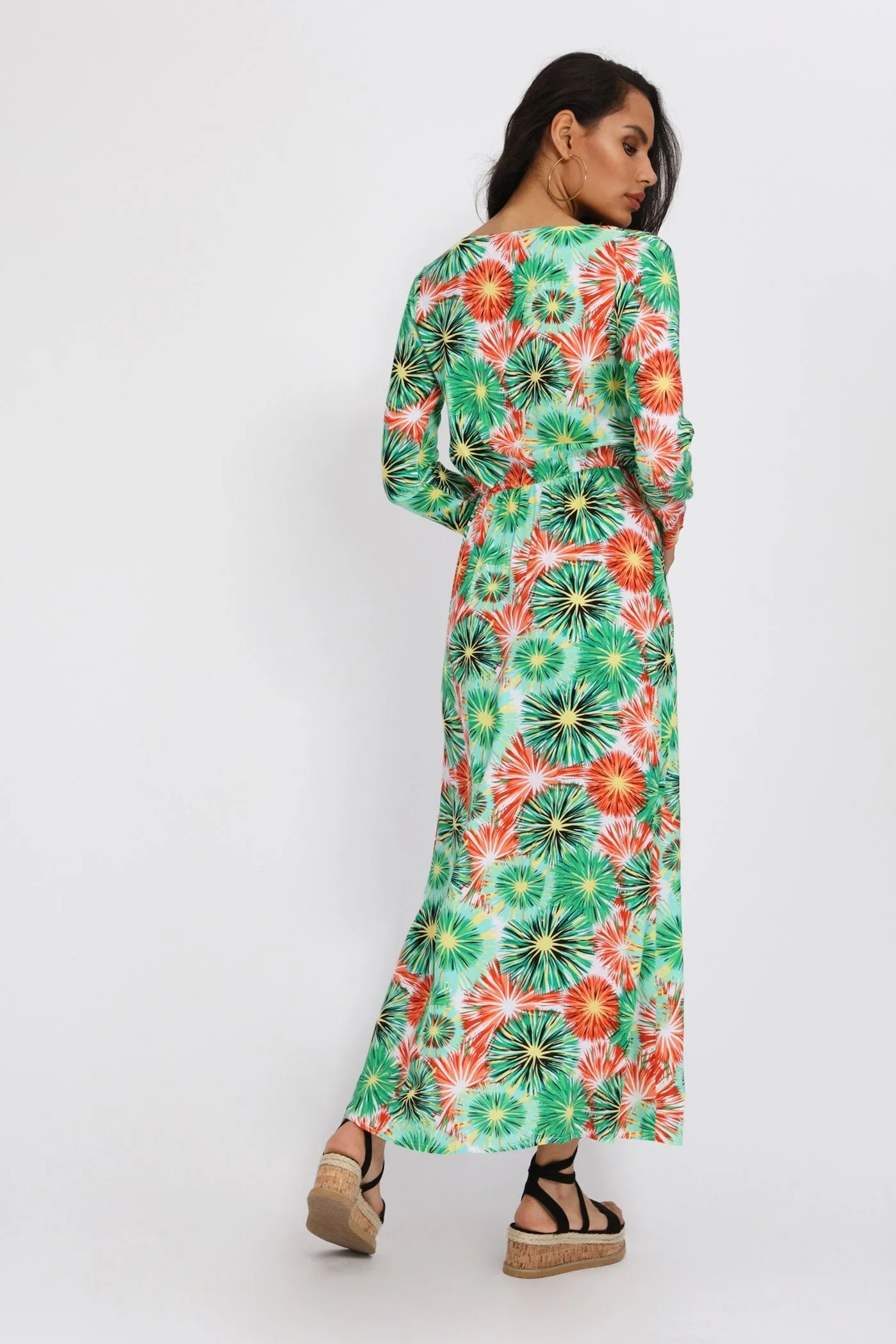 Green Firework Print Long Sleeve Maxi Dress