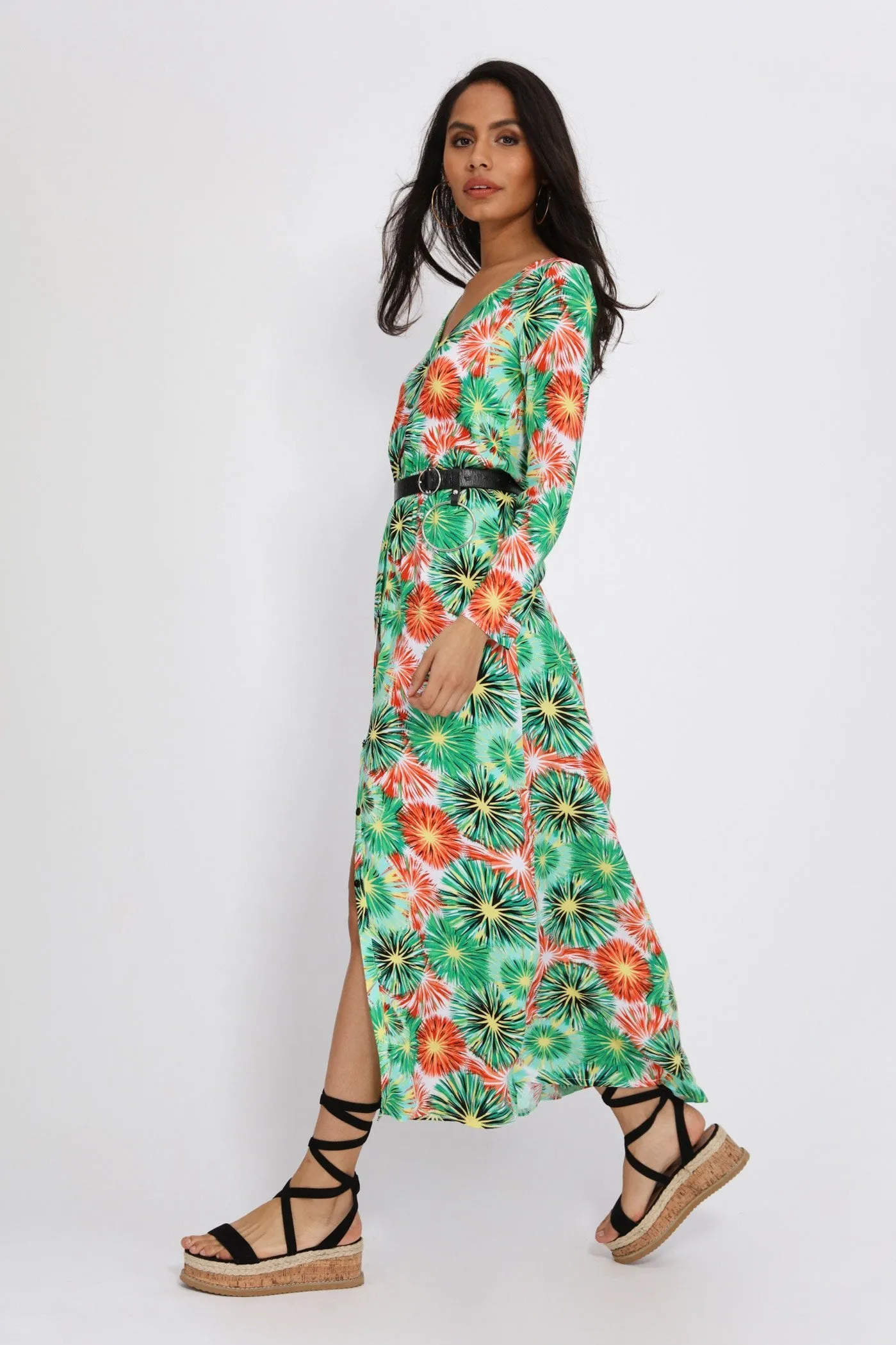 Green Firework Print Long Sleeve Maxi Dress