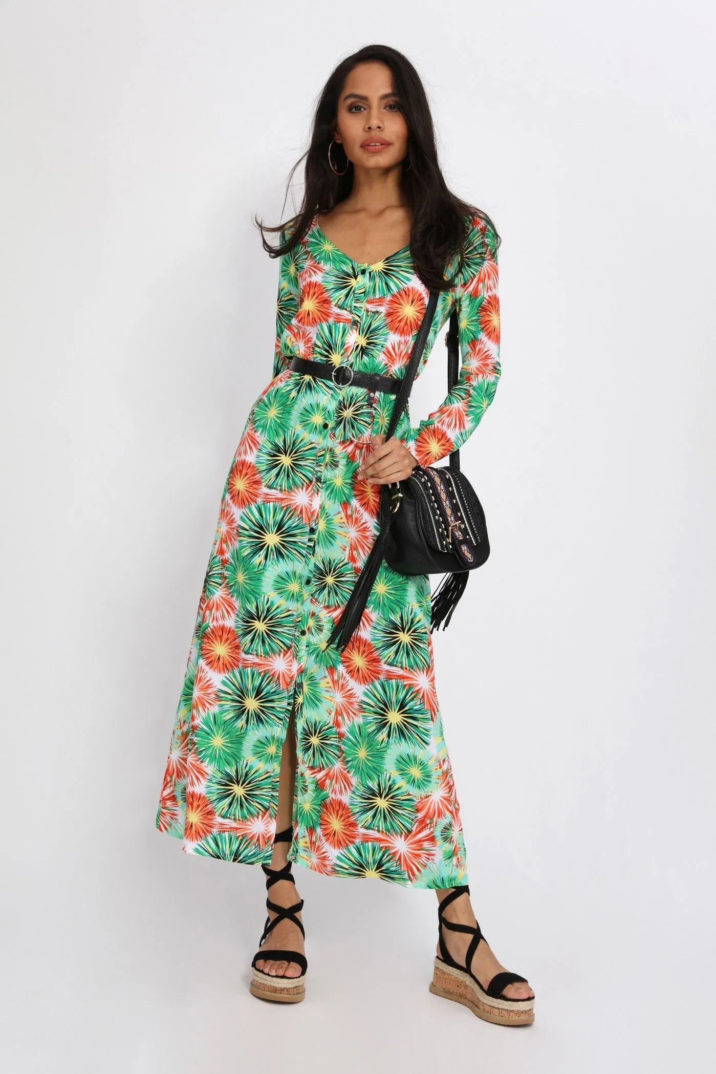 Green Firework Print Long Sleeve Maxi Dress