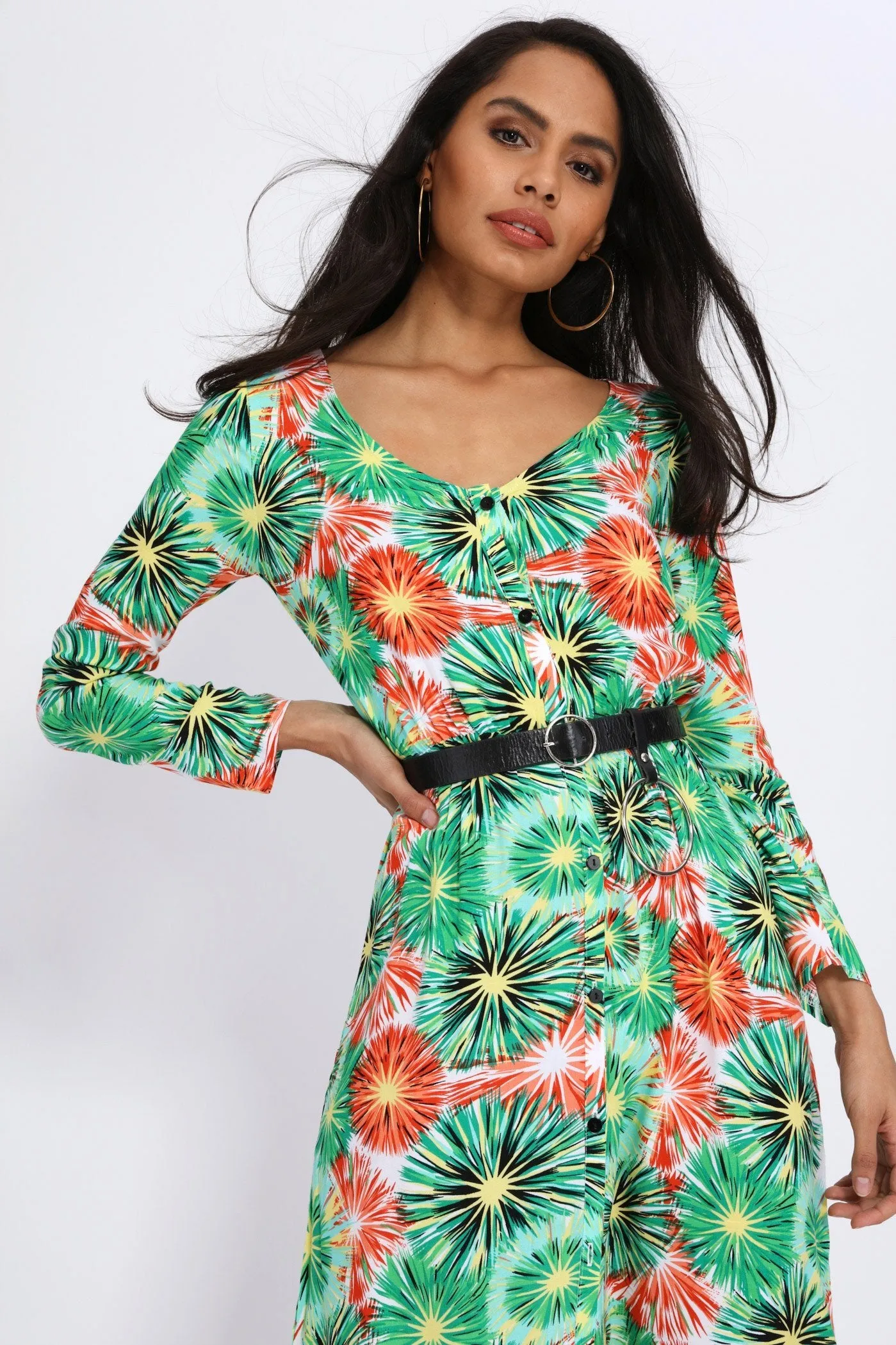 Green Firework Print Long Sleeve Maxi Dress